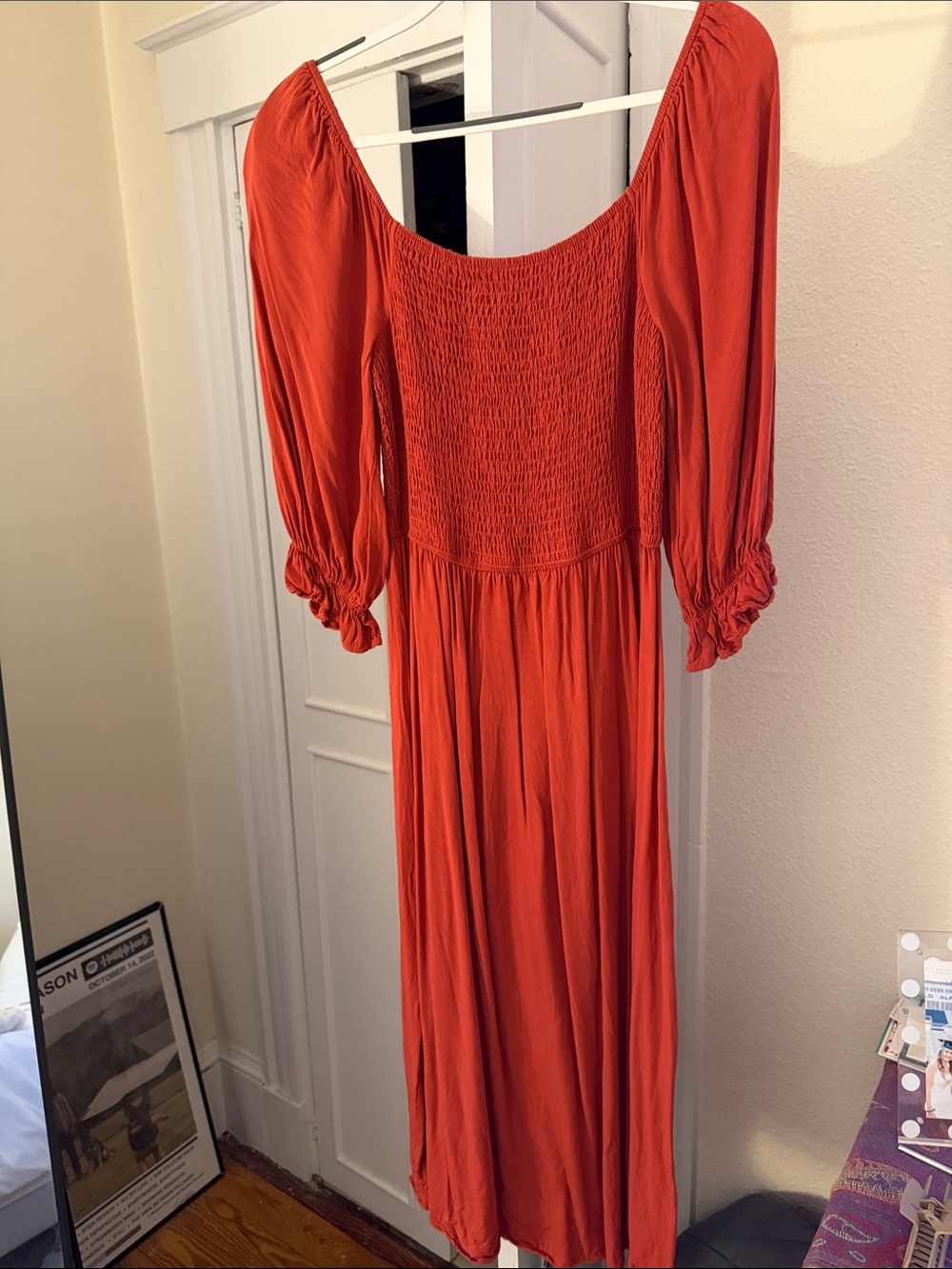 Women's Red Off-Shoulder Smocked Maxi Dress